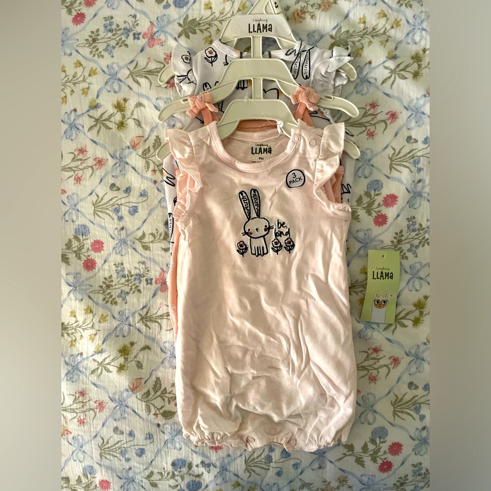 NEW baby girl spring onesie rompers with bunny and floral designs white/pink 9M